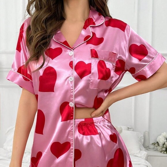 Pink Casual Womens Heart Shape Printed Pajama Set - Picture 5 of 5